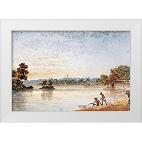 Benares From The Mundakinee Tulao White Modern Wood Framed Art Print by Prinsep, James