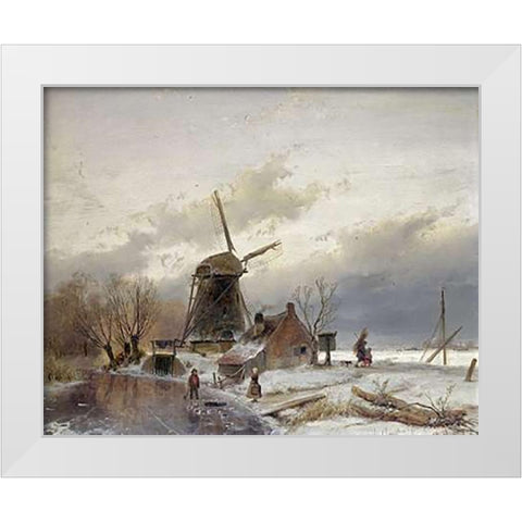 A Frozen River Landscape With a Windmill White Modern Wood Framed Art Print by Schelfhout, Andreas