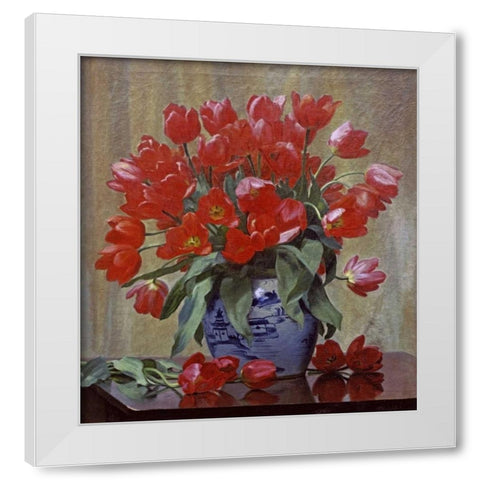 Tulips In a Porcelain Vase White Modern Wood Framed Art Print by Schou, Peter Johan