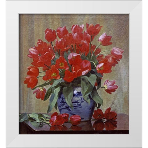 Tulips In a Porcelain Vase White Modern Wood Framed Art Print by Schou, Peter Johan