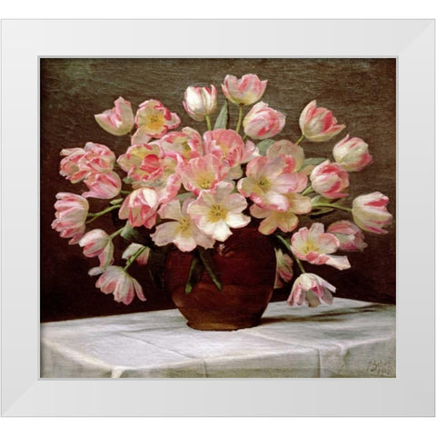 Tulips In a Vase on a Draped Table White Modern Wood Framed Art Print by Schou, Peter Johan