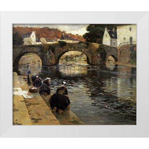 Washerwomen In The Morning at Quimperle White Modern Wood Framed Art Print by Thaulow, Fritz