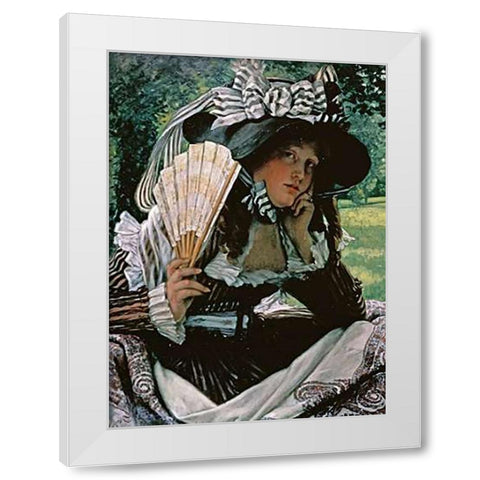 Girl With a Fan White Modern Wood Framed Art Print by Tissot, James Jacques