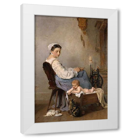 Watching The Kittens White Modern Wood Framed Art Print by Weisz, Adolphe