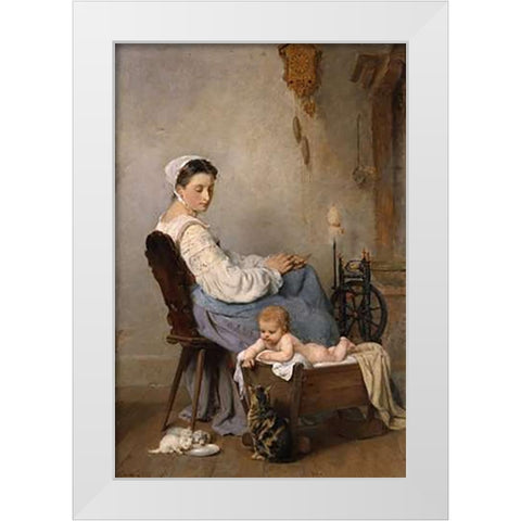 Watching The Kittens White Modern Wood Framed Art Print by Weisz, Adolphe