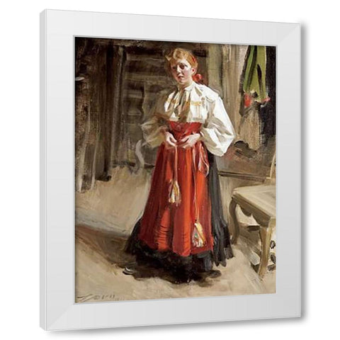 Girl In Orsa Costume White Modern Wood Framed Art Print by Zorn, Anders Leonard