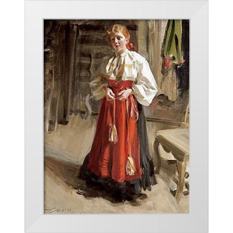 Girl In Orsa Costume White Modern Wood Framed Art Print by Zorn, Anders Leonard