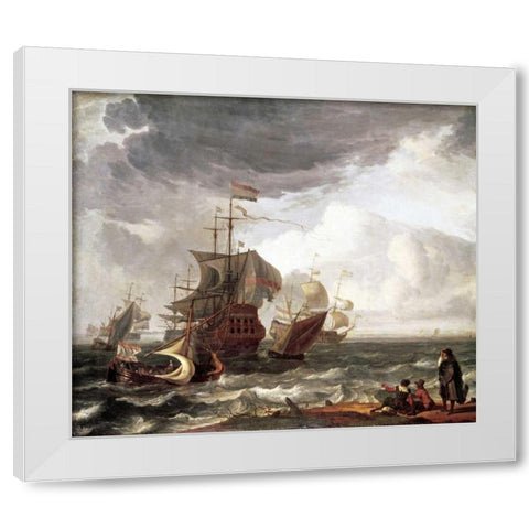 Dutch Warships White Modern Wood Framed Art Print by Backhuysen, Ludolf