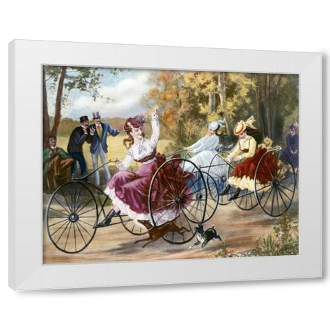 Tricyclists In The Park White Modern Wood Framed Art Print by Bell, Henry