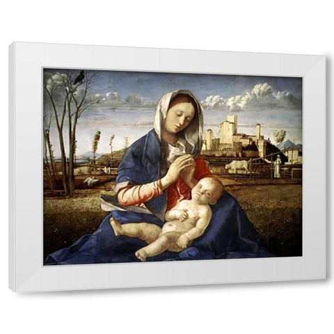Madonna of The Meadow White Modern Wood Framed Art Print by Bellini, Giovanni