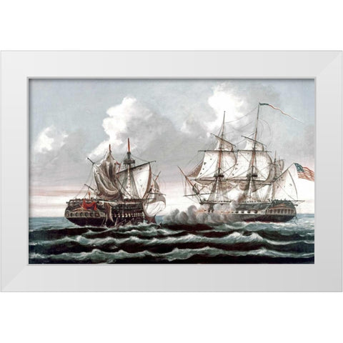 U.S.S. Constitution Defeating The British Ship,Guerriere - War of 1812 White Modern Wood Framed Art Print by Birch, Thomas