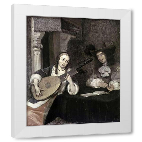 Woman Playing The Lute White Modern Wood Framed Art Print by Ter Borch, Gerard
