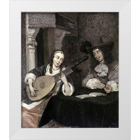 Woman Playing The Lute White Modern Wood Framed Art Print by Ter Borch, Gerard