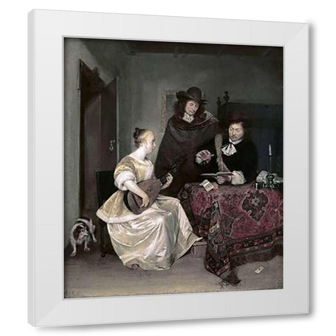 Young Woman Playing The Theorbo To Two Men White Modern Wood Framed Art Print by Ter Borch, Gerard