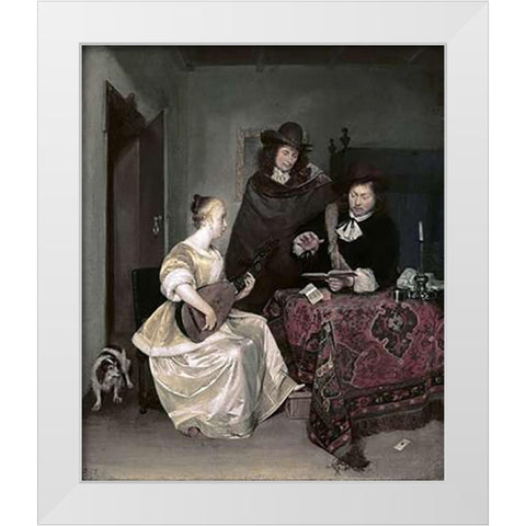 Young Woman Playing The Theorbo To Two Men White Modern Wood Framed Art Print by Ter Borch, Gerard