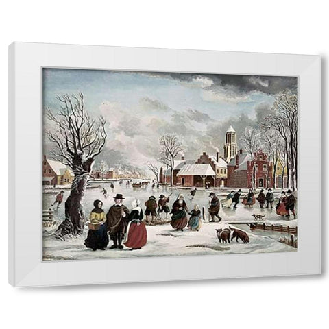 Winter Life In Holland White Modern Wood Framed Art Print by Van der Bowlen, J.