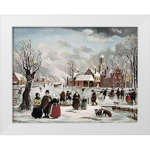Winter Life In Holland White Modern Wood Framed Art Print by Van der Bowlen, J.