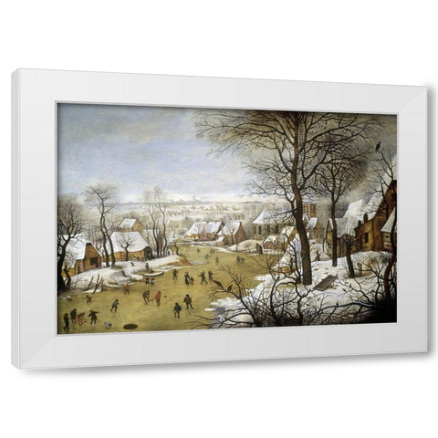 A Winter Landscape with Skaters and a Bird Trap White Modern Wood Framed Art Print by Bruegel the Elder, Pieter