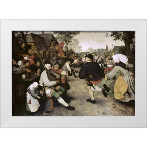 Peasants Dancing White Modern Wood Framed Art Print by Bruegel, Pieter the Elder