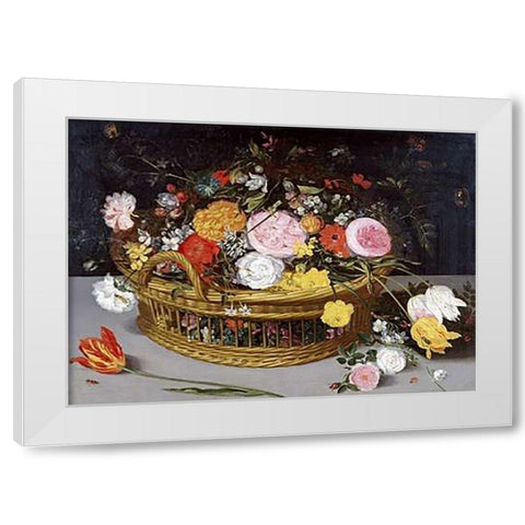 Roses Tulips, and Other Flowers In a Wicker Basket White Modern Wood Framed Art Print by Brueghel, Jan