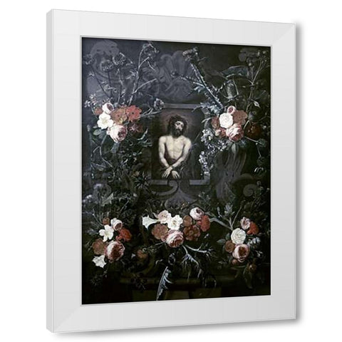Museumist In a Wreath of Flowers White Modern Wood Framed Art Print by Ter Brugghen, Hendrick