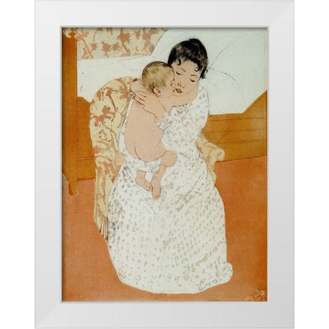 Maternal Caress White Modern Wood Framed Art Print by Cassatt, Mary