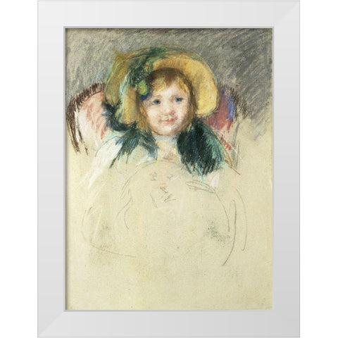 Sara in a Bonnet with a Plum Hanging Down White Modern Wood Framed Art Print by Cassatt, Mary