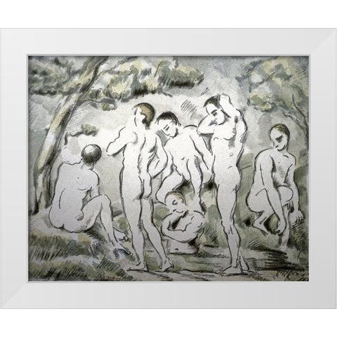 Bathers White Modern Wood Framed Art Print by Cezanne, Paul