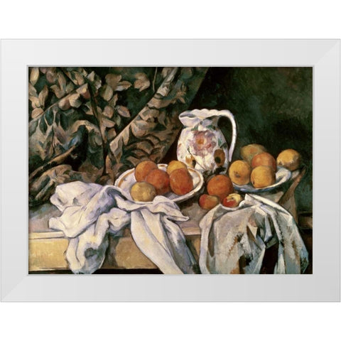 Curtain, Carafe and Fruit White Modern Wood Framed Art Print by Cezanne, Paul