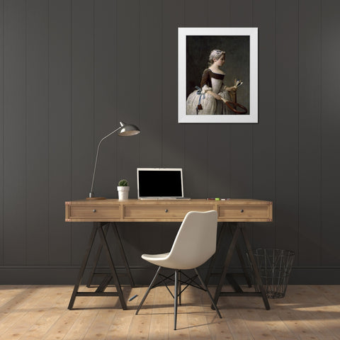 Girl With Racket and Shuttlecock White Modern Wood Framed Art Print by Chardin, Jean-Baptiste-SimÃ©on
