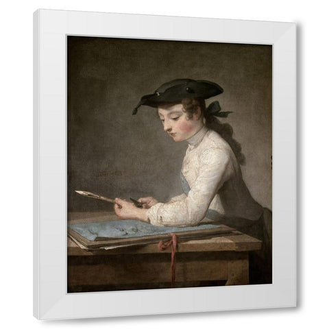 Young Draftsman White Modern Wood Framed Art Print by Chardin, Jean-Baptiste-SimÃ©on