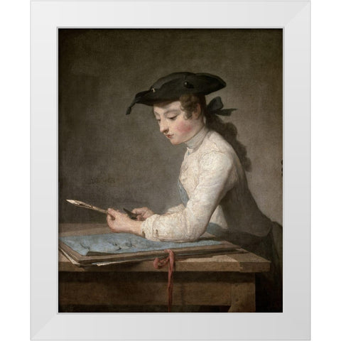 Young Draftsman White Modern Wood Framed Art Print by Chardin, Jean-Baptiste-SimÃ©on
