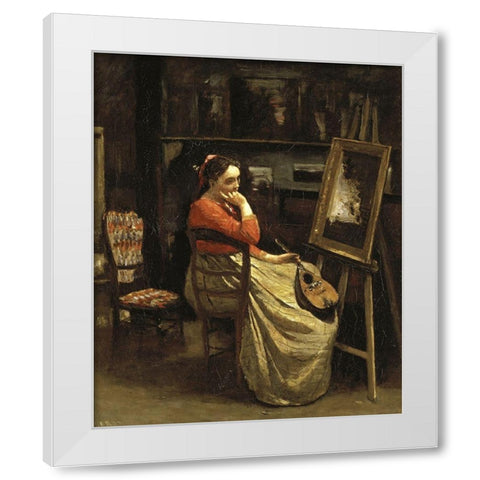 Corots Studio, Young Woman With a Mandolin White Modern Wood Framed Art Print by Corot, Jean-Baptiste-Camille