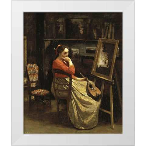 Corots Studio, Young Woman With a Mandolin White Modern Wood Framed Art Print by Corot, Jean-Baptiste-Camille