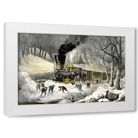 American Railroad Scene/Snowbound White Modern Wood Framed Art Print by Ives, Currier and