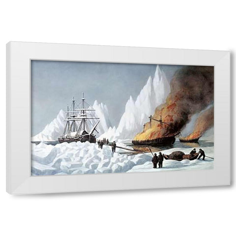 American Whalers Crushed In The Ice White Modern Wood Framed Art Print by Ives, Currier and