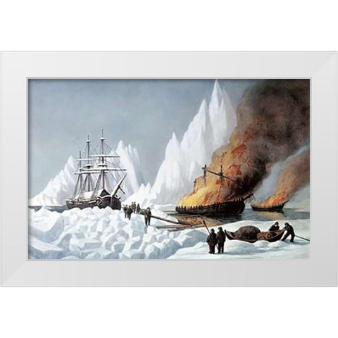 American Whalers Crushed In The Ice White Modern Wood Framed Art Print by Ives, Currier and