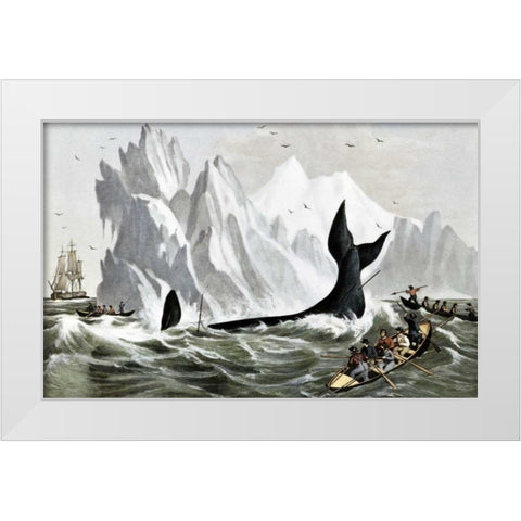 Capturing The Whale White Modern Wood Framed Art Print by Currier and Ives