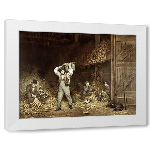 Husking Corn White Modern Wood Framed Art Print by Ives, Currier and