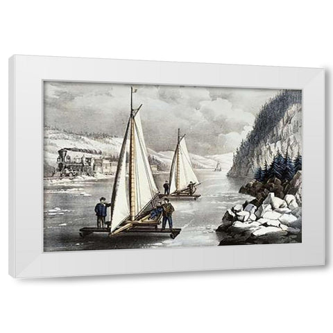 Ice Boat Race On The Hudson White Modern Wood Framed Art Print by Ives, Currier and