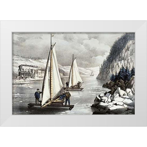 Ice Boat Race On The Hudson White Modern Wood Framed Art Print by Ives, Currier and