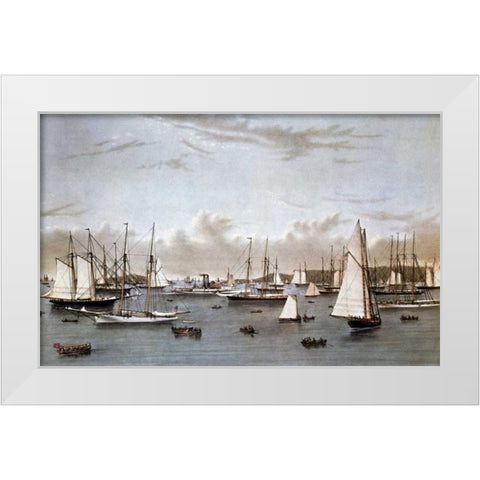 Yacht Squadron - Newport White Modern Wood Framed Art Print by Currier and Ives