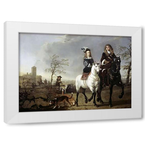 Lady and Gentleman On Horseback White Modern Wood Framed Art Print by Cuyp, Aelbert