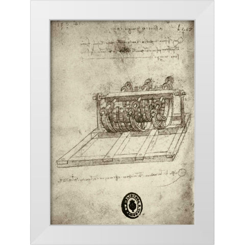 Mechanical Sketches White Modern Wood Framed Art Print by Da Vinci, Leonardo