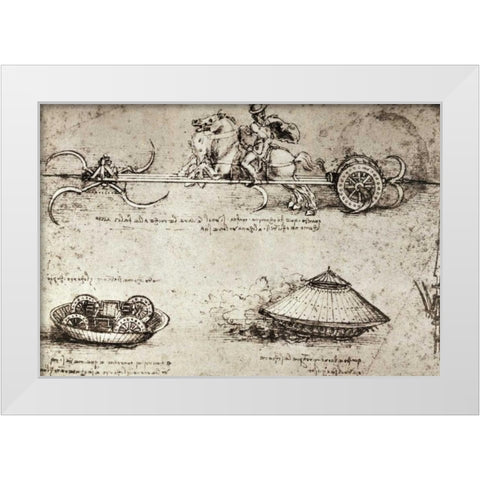 Military Inventions Sketches White Modern Wood Framed Art Print by Da Vinci, Leonardo