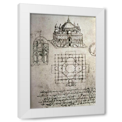 Sketch of a Square Church with Central Dome and Minaret White Modern Wood Framed Art Print by Da Vinci, Leonardo