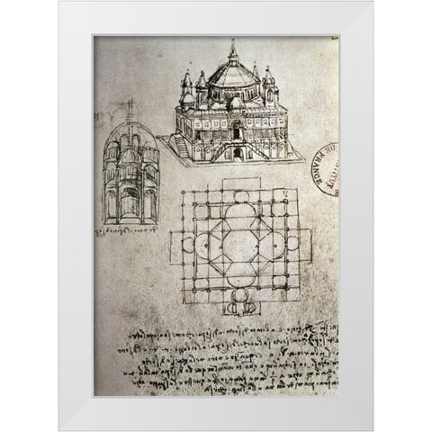 Sketch of a Square Church with Central Dome and Minaret White Modern Wood Framed Art Print by Da Vinci, Leonardo