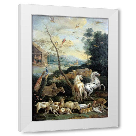 Animals Assembling before the Flood White Modern Wood Framed Art Print by De Hondt, Lambert