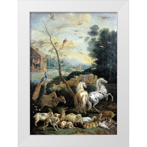 Animals Assembling before the Flood White Modern Wood Framed Art Print by De Hondt, Lambert