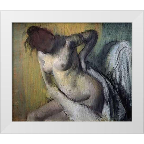 Woman Drying Herself White Modern Wood Framed Art Print by Degas, Edgar